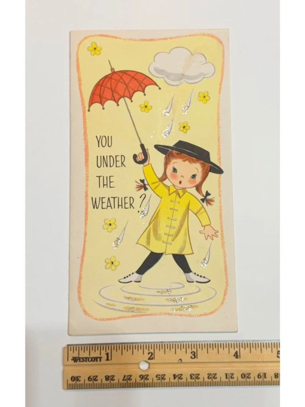 Vintage Get Well Soon Greeting Card Glitter Accents Girl In Yellow Raincoat & Um